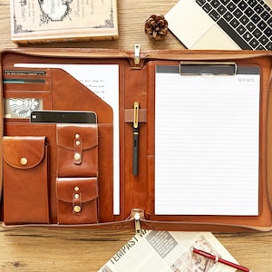 Personalized Leather Portfolio, Zippered Portfolio for Men, Portfolio with Clipboard, Padfolio A4 Document Bag, Gift for Father/Him/Boss