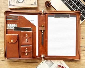 Personalized Leather Portfolio, Zippered Portfolio for Men, Portfolio with Clipboard, Padfolio A4 Document Bag, Gift for Father/Him/Boss