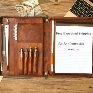 Portafolio de cuero personalizado, carpeta organizadora tamaño carta, portafolio de cuero con cremallera, portafolio de cuero para hombre, soporte A4, bolsa para documentos de regalo