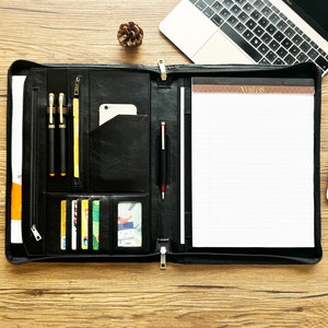 Personalized Leather Portfolio, Padfolio for Men, Portfolio with Handle, Custom Name Logo Folder for Letter Size Notepad Gift for Father Him