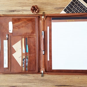 Personalized Name LOGO Leather Portfolio Zippered Padfolio A4 Letter Size Notepad Folder Padfolio Business Organizer for Father Boss Husband