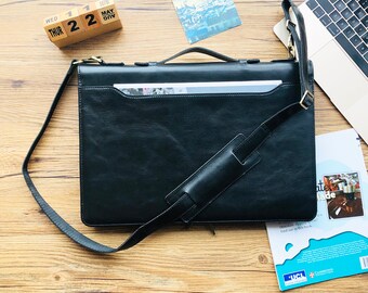Custom Leather Portfolio, Legal Size Portfolio with Handle, 3 Ring Binder Padfolio & Zipper, 15" Laptop Bag Business Organizer with Strap