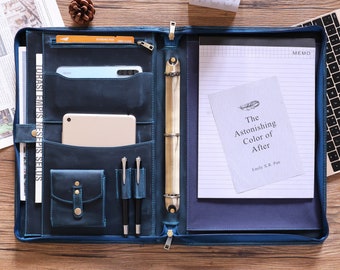 Personalized Leather Portfolio, Legal Size Portfolio with Handle, 3 Ring Binder Portfolio & Zipper, 15" Laptop Bag Business Organizer Gift