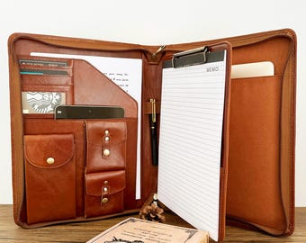 Personalized Leather Portfolio, Zippered Portfolio for Men, Portfolio with Clipboard, Padfolio A4 Document Bag, Graduation Business Gifts