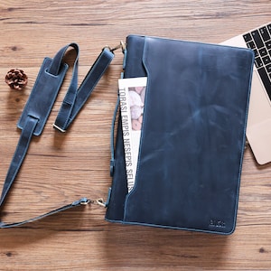Personalized Leather Portfolio, Legal Size Portfolio with Handle, 3 Ring Binder Portfolio Zipper, 15" Laptop Bag Business Organizer & Strap