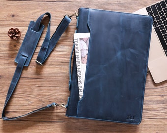 Personalized Leather Portfolio, Legal Size Portfolio with Handle, 3 Ring Binder Portfolio Zipper, 15" Laptop Bag Business Organizer & Strap