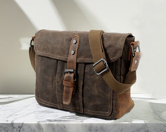 Sac messager en toile cirée pour homme, Sac à bandoulière en toile avec cuir, Petit sac de voyage Sac à bandoulière, Sac de voyage, Cadeau d'anniversaire, Cadeau de mariage