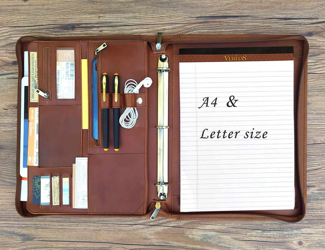 Personalized Leather Portfolio, 3 Ring Binder Planner, Zippered