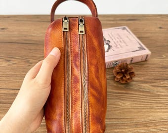 Retro Hand Cowhide Pencil Case for Men, Leather Pen Pouch, Glasses Storage Bag, Watch Case, Makeup Bag, Leather Organizer