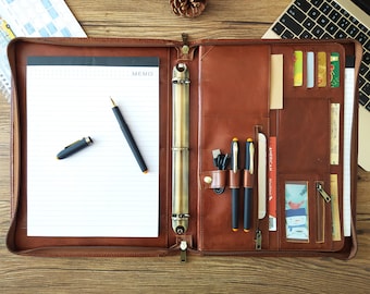 Personalized Left Handed Leather Portfolio 3 Ring Binder with Zipper, Leather Padfolio & Name logo for 8.5 x 11" Notepad, Valentine Gift