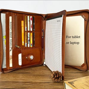 Personalized Leather Portfolio, Padfolio for Men, Portfolio with Airtag Holder, Custom Name Logo Folder & Tablet Holder, Gift for Father Him