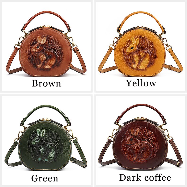 May include: Four round handbags in brown, yellow, green, and dark coffee. Each bag features a 3D embossed rabbit design and includes a top handle and a detachable shoulder strap. The colors are labeled: Brown, Yellow, Green, and Dark coffee.