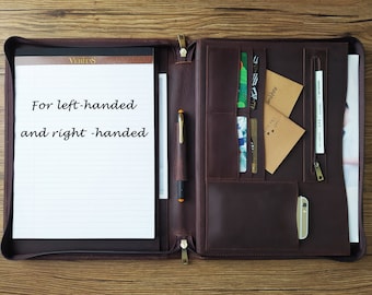 Personalized Leather Portfolio, Portfolio for Left Handed People, Business Organizer Padfolio for Letter Size Notepad, Zippered Portfolio