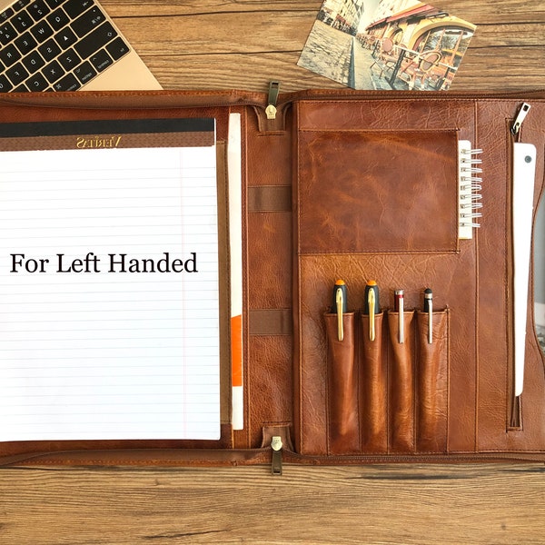 Personalized Leather Portfolio for Left Handed, Letter Size Organizer Folder, Zippered Leather Portfolio, Padfolio A4 Document Bag, Gift