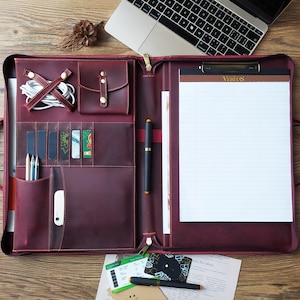 Portafolio de cuero personalizado, portafolios con cremallera, portapapeles y asa, agenda de notas tamaño legal (8,5 x 14 pulgadas), organizador para portátil de 15 pulgadas.