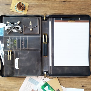 Portafolio de cuero con asa, portapapeles con cremallera, agenda de notas tamaño legal (8,5 x 14 pulgadas), organizador personalizado gratis para portátil de 15 pulgadas