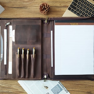 Portafolio de cuero personalizado, carpeta organizadora tamaño carta, planificador, portafolio de cuero con cremallera, portafolio de cuero para hombre, portadocumentos A4
