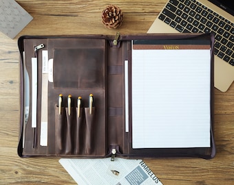 Personalized Leather Portfolio, Letter Size Organizer Folders Planner Zippered Leather Portfolio Leather Padfolio Men A4 Holder Document Bag