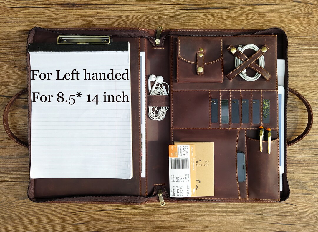 Left Handed Portfolio, Personalized Leather Padfolio & Handle, Zippered Clipboard, Legal Size 8
