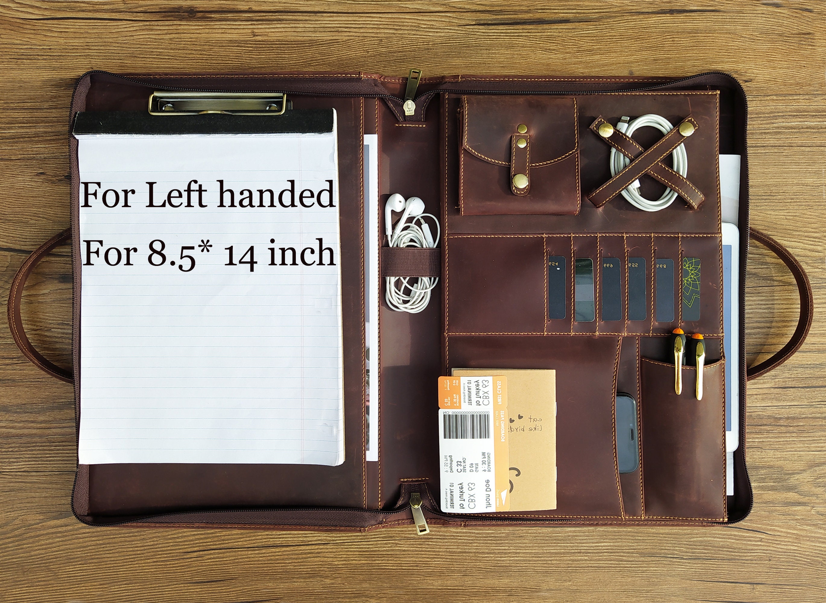 Left Handed Portfolio, Personalized leather Padfolio & Handle, Zippered Clipboard, Legal Size 8.5x14" Notepad Planner, 15" Laptop Organizer