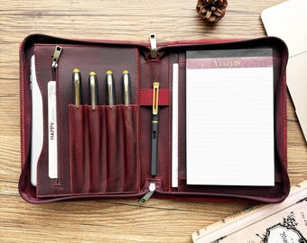 Personalized A5 Leather Portfolio Planner, A5 Notepad Holder Travel Leather Journal Diary Notebook Cover, Portfolio & Zipper, Business Gift