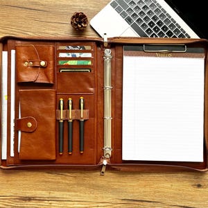 Personalized Leather Portfolio 4 Ring Binder, Custom Portfolio with Clipboard, Portfolio & Handle, Padfolio A4 Document Letter Size Folder