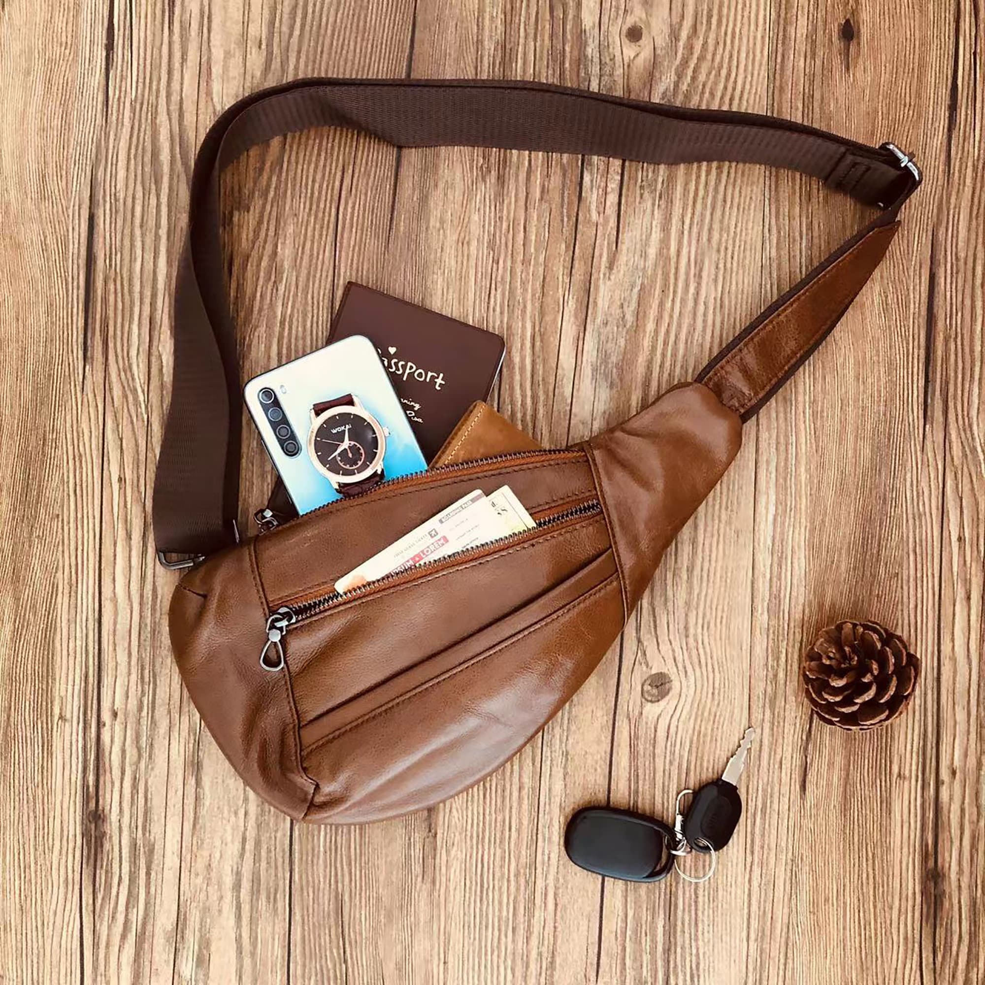 Personalized Genuine Leather Sling Bag Men's Chest Bag 