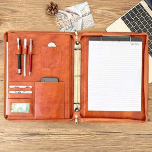 Personalized Leather Portfolio, 3 Ring Binder for Men, Letter Size Organizer Folder Clipboard, Padfolio A4 Document Bag, Gift for Father/Him