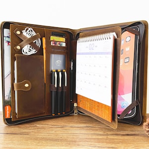 Portafolio de cuero personalizado, portafolios con cremallera para iPad de 10,5/11 pulgadas, portafolios de agenda tamaño A5, organizador de negocios con nombre y logotipo.