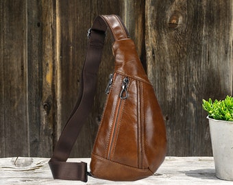 Custom Leather Sling Bag, Genuine Leather Chest Bag for Men, Triangle Crossbody Bags, Men's Shoulder Bag,  Small Travel Bag, Travel Gift