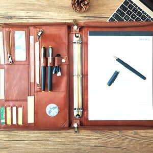 Leather Portfolio Personalized Padfolio, A4 Document Holder for Men, Portfolio with Zipper, Custom 3 Ring Binder, Business Planner for Women