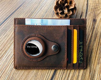 Porte-cartes personnalisé Airtag Tracker, porte-cartes portefeuille antivol RFID pour homme Portefeuille mince pour homme en cuir de vache, porte-cartes en cuir mince et porte-Airtag pour homme