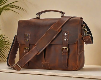 Retro Men's Leather Briefcase 14 Inch Commuter Bag, Shoulder Bag & Strap,Laptop Bag for Men, Leather Portfolio Men's Sling bag Messenger bag