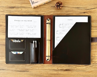 Personalized Real Leather Music Organizer Binder Cover, Vintage Leather Concert Choir Music Folder for Band, Custom Music Gift for Musician