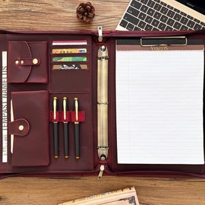 Personalized Leather Portfolio 3 Ring Binder, Custom Portfolio with Clipboard, Portfolio & Handle, Padfolio A4 Document Letter Size Folder