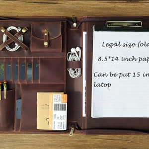 Portafolio de cuero personalizado gratis, portapapeles con cremallera, agenda de notas tamaño legal (8,5 x 14 pulgadas), organizador para portátil de 15 pulgadas, regalo de empresa.