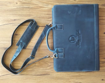 Engraved Leather Portfolio with Shoulder Strap & Handle, Zippered Clipboard Padfolio, Legal Size 8.5x14" Notepad Planner, 15" Laptop Case