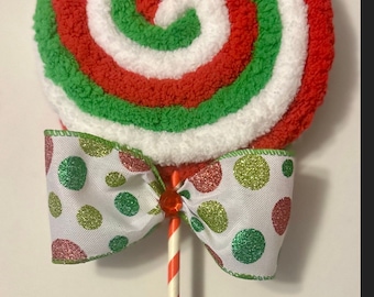 Green Monster Inspired Green & Red Yarn Faux Lollipop With Sparkly Bow and Jewel. Christmas Tree Decor, Tree Picks, Wreath Picks, Mean one