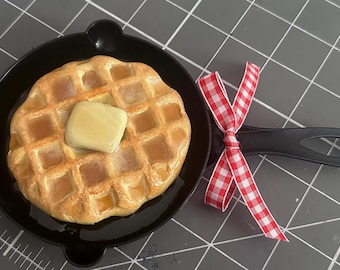 Faux Mini Waffle Skillet With Melted  Butter and Maple Syrup. Red and Whire Checkered Bow. Tiered Tray Decor. Breakfast foods decor.