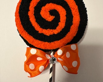 Black and Orange Lollipop with Bow, & Jewel Halloween Pick, Tree Decor, Swag Decor, Whimsical Decor, , Wreath Pick, Pumpkin Decor