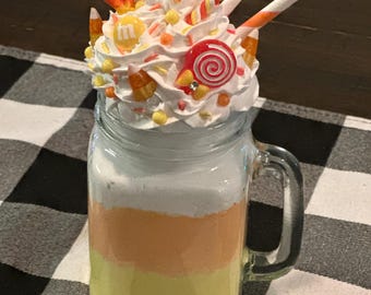 Candy Corn Inspired Mason Jar Mug Faux Shake. Layered and topped with faux whipped cream and straws. Tiered Tray Decor, Gifts, Candycorn