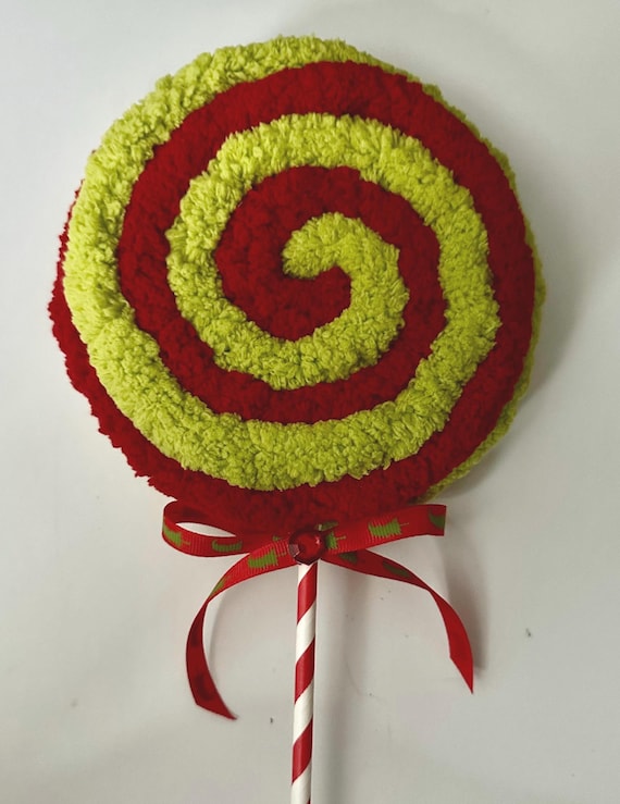 Green Monster Inspired Lime Green & Red Yarn Faux Lollipop With Red Bow and Jewel. Christmas Tree Decor, Tree Picks, Wreath Picks. Mean One