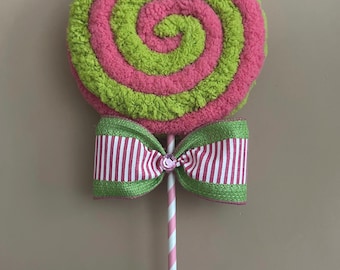 1 Pink & Lime Green Faux Yarn Lollipop With Bow and Jewel. Christmas Tree Decor, Tree Picks, Wreath Picks. Green Monster Tree Decor.
