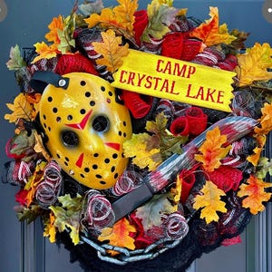 Friday the 13th Inspired Deco Mesh Wreath with Custom Wooden Sign. Includes Red LED Lights. Halloween Wreath, Horror Movies, Spooky, Creepy.