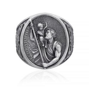 Saint Christopher Religious Ring, Chevalier ring, heavy ring, St Christopher, guardian, medieval ring, saint ring, unique ring, silver ring