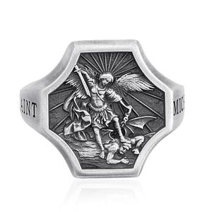 Saint Michael Silver Ring, Archangel Protection Signet, Christian Jewelry for Men, Religious Statement Ring, Personalized Gift for Him