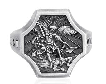 Anillo de plata de San Miguel, sello protector del arcángel, joyería cristiana para hombre, anillo con mensaje religioso, regalo personalizado para él