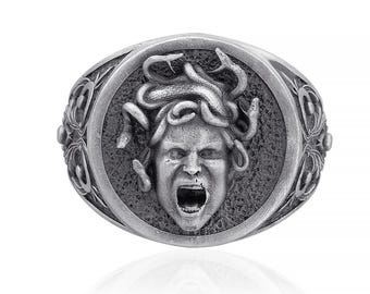 Angry Gorgon Medusa Ring, Medusa Ring, Snake Men Ring, Gothic Jewelry, Ancient Ring, Greek Art Medusa, Medusa Jewelry, Antique Silver Ring