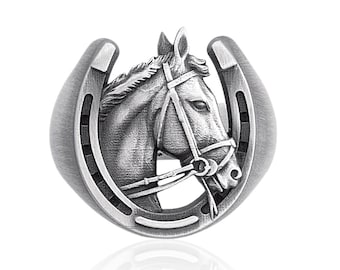 Horseshoe and Horse Head Ring, 925 Sterling Silver Lucky Cowboy Ring, Western Equestrian Jewelry, Gift for Horse Lovers Men