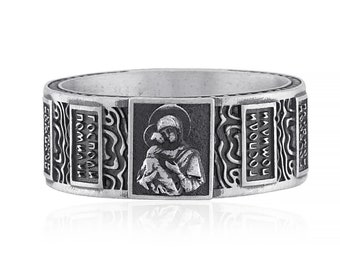 Saint Michael Ring for Men, 925 Sterling Silver Orthodox Prayer Ring with Cyrillic Script, Personalized Archangel Christian Faith Jewelry